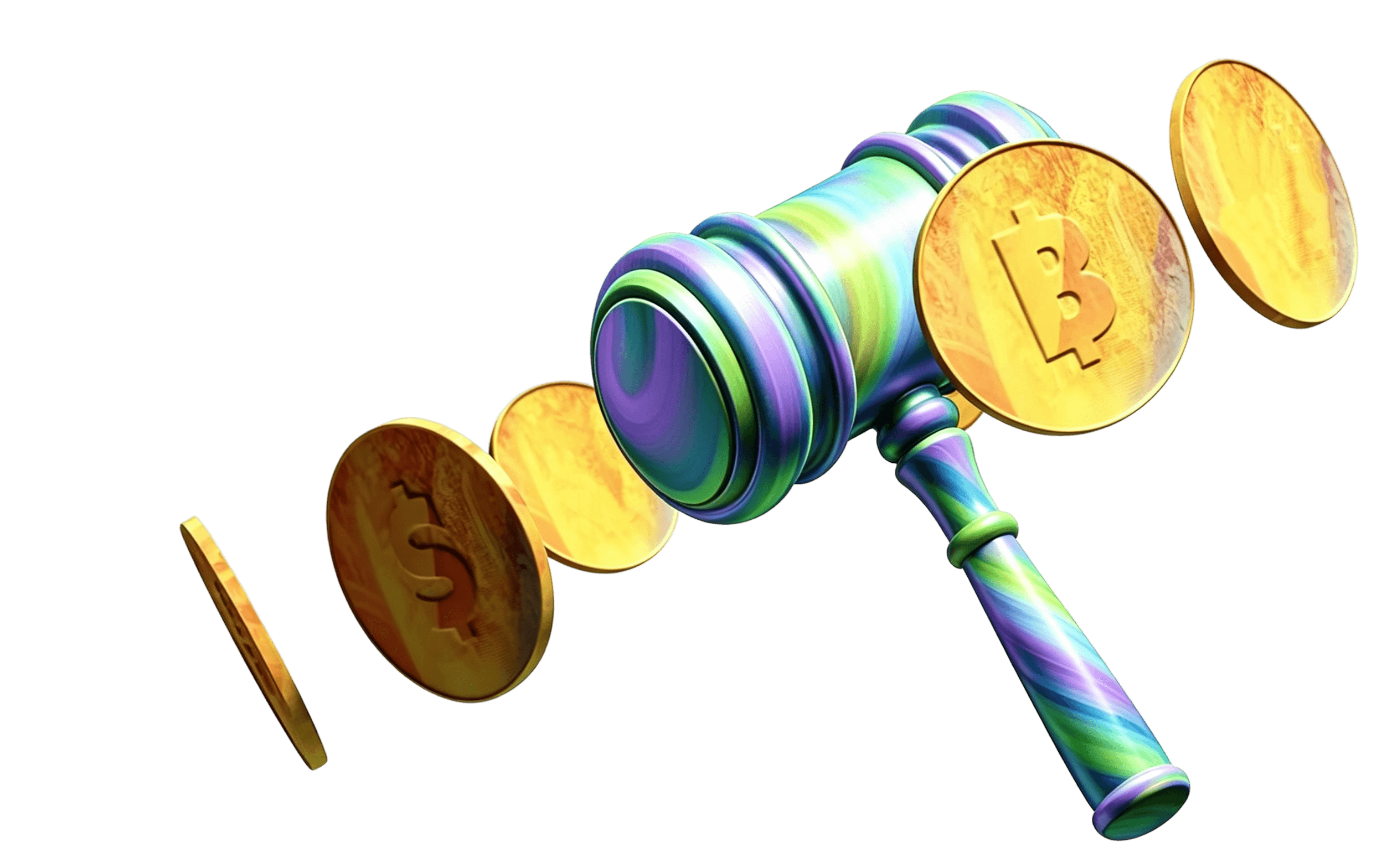 Colorful gavel surrounded by coins