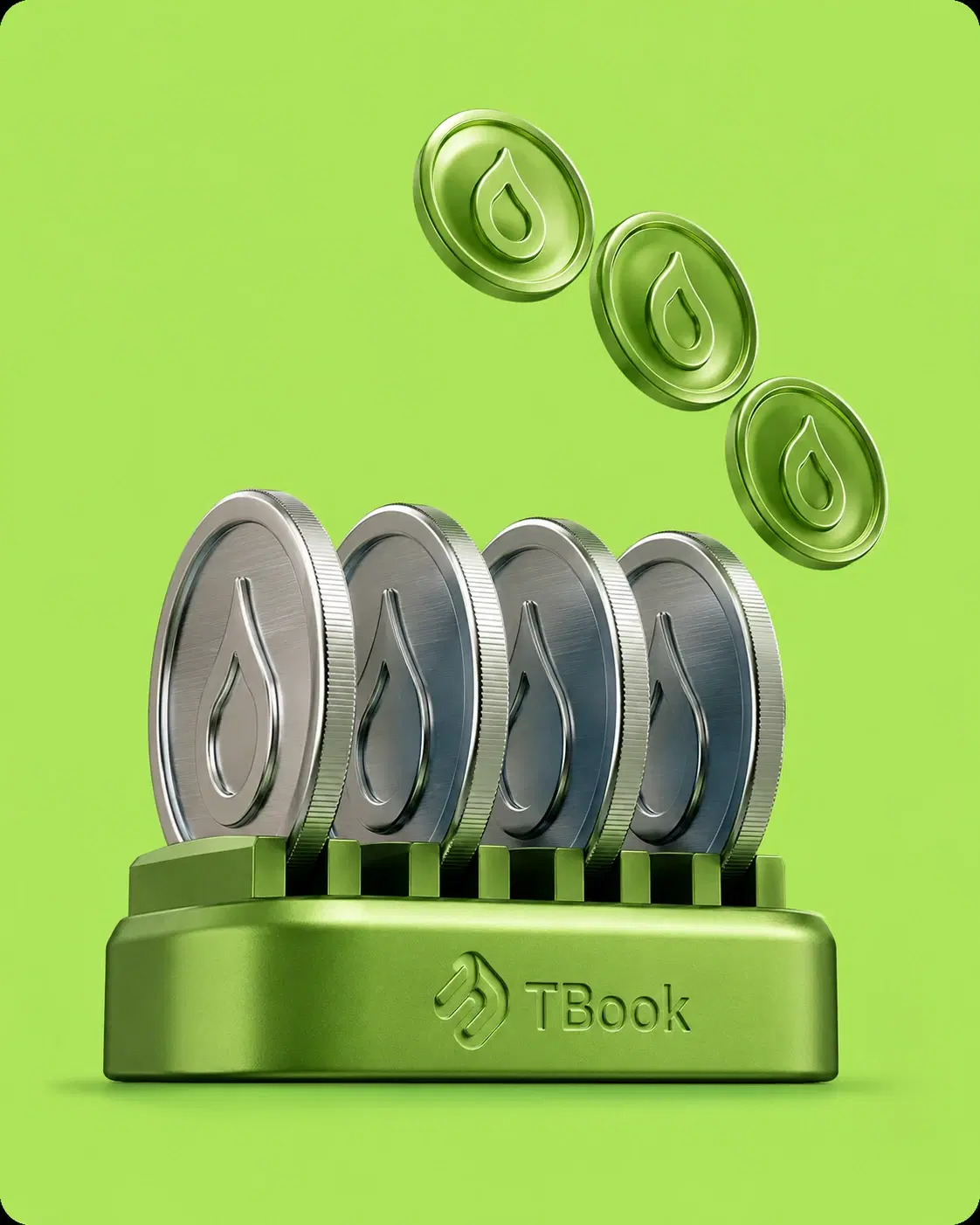 Silver Bookie coins in a TBook rack, releasing one fewer green SBT badge