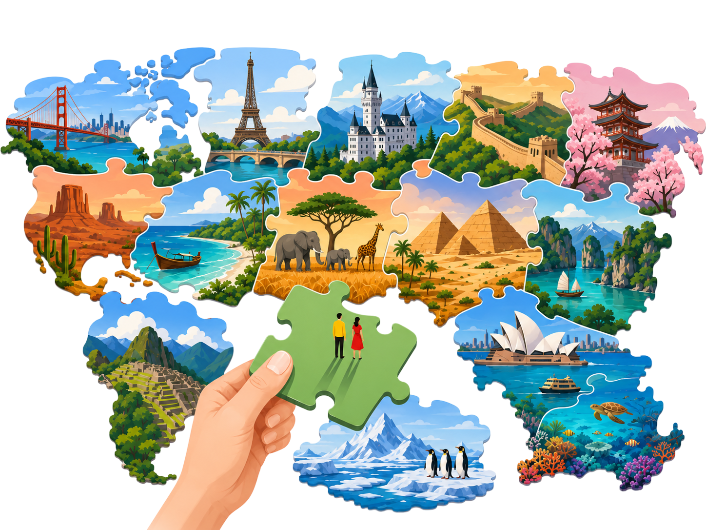 A hand connects a world of regional communities represented by landmark puzzle pieces